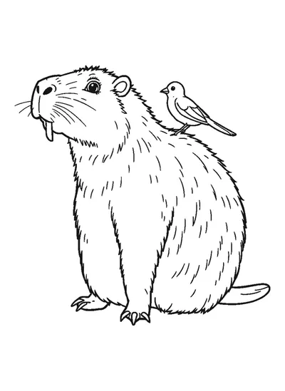 Capybara kismadárral a hátán — színező