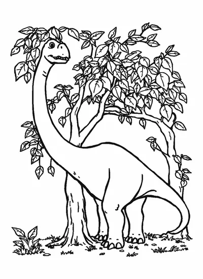 Hosszú nyakú brachiosaurus leveleket eszik a fáról — színező
