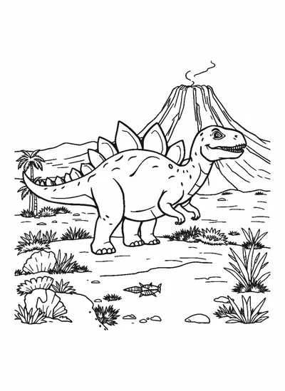 Stegosaurus sétál egy vulkán mellett — színező