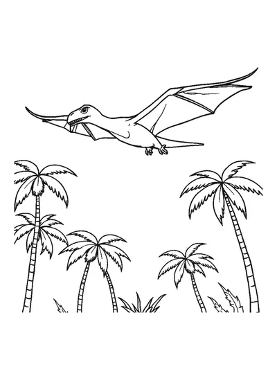 Pálmafák fölött repülő pterodactylus — színező