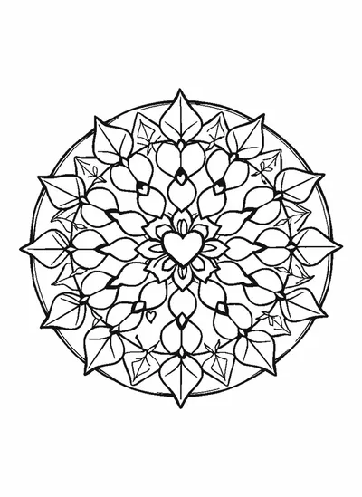 Mandala levelekkel és szívekkel — színező