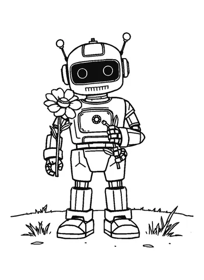 Virágot tartó robot — színező