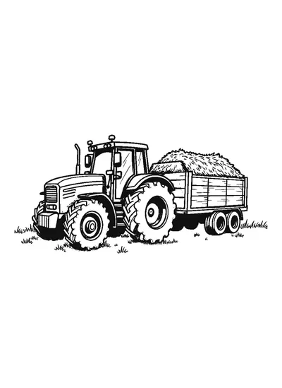 Traktor szénás pótkocsit húz — színező
